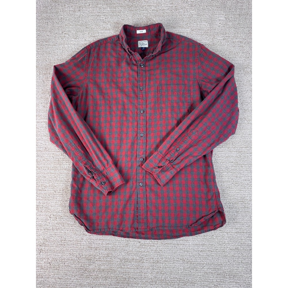 J.Crew Slim Fit Red Grey Buffalo Check Plaid Cotton Button Down Shirt Mens M